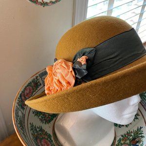 NYC Designer Toucan 100% Wool Felt Wide Brimmed Hat Floral and Ribbon Decoration